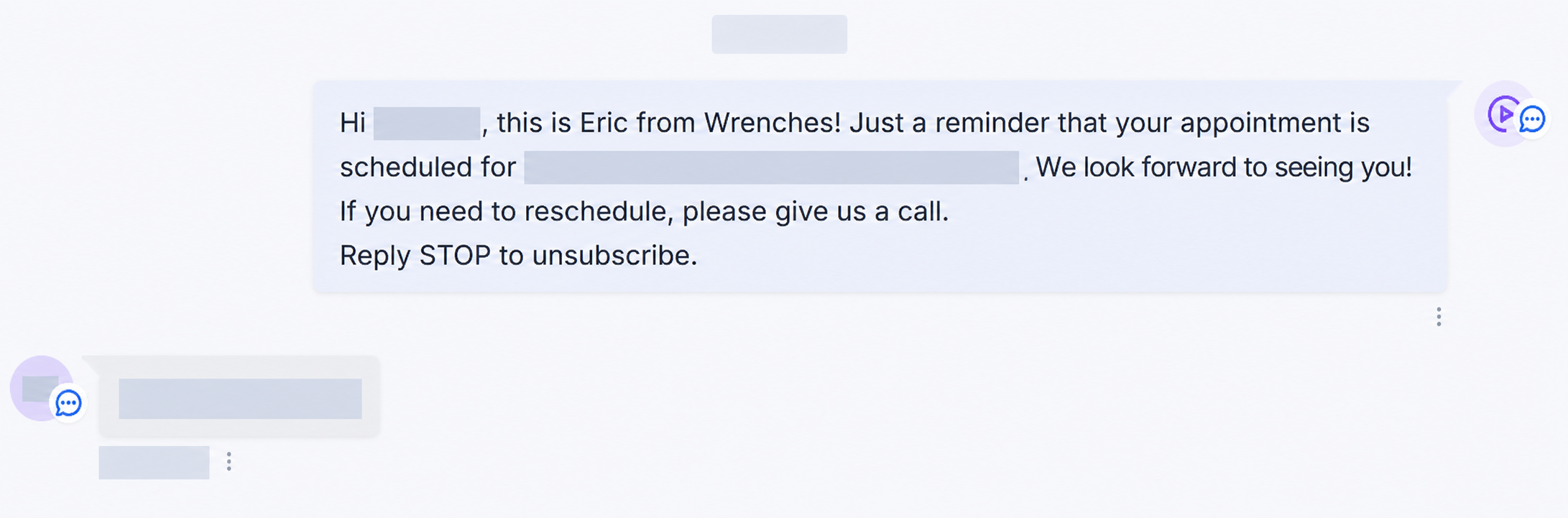 Redacted Wrenches appointment-reminder conversation showing generic reminder and rescheduling language