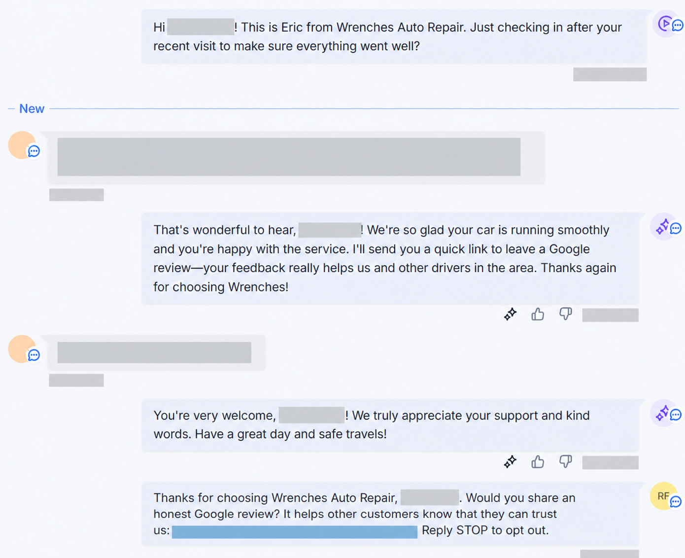 Privacy-redacted Wrenches post-service check-in and honest Google review-request sequence