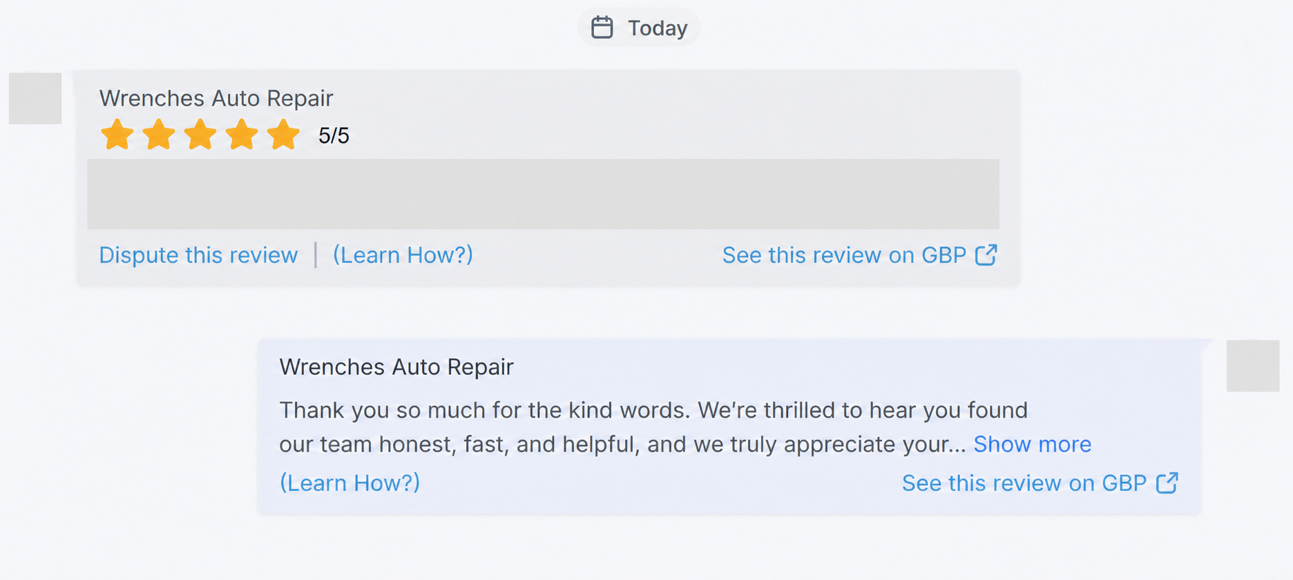 Redacted Wrenches Google review record showing a five-star rating and business response