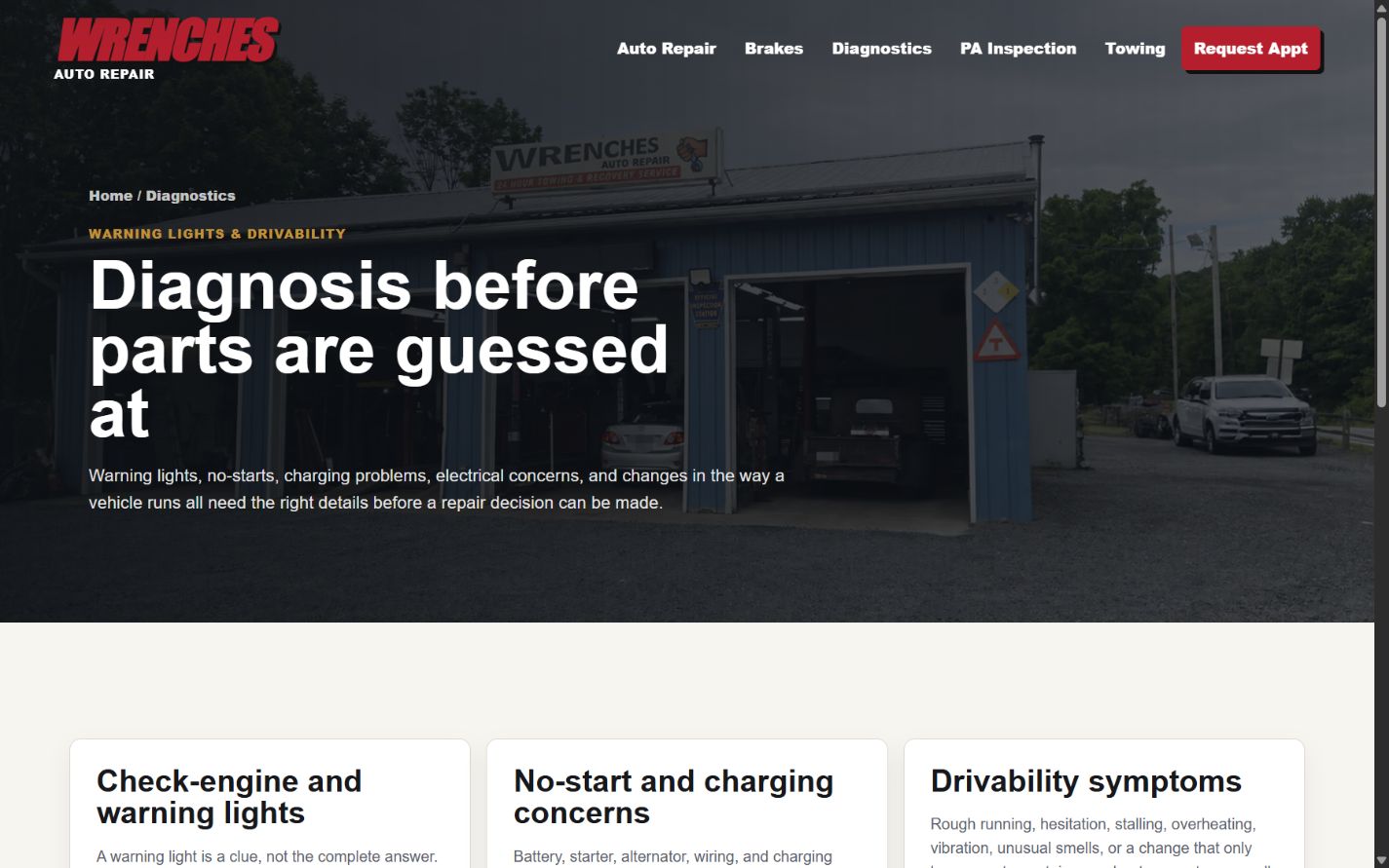 Desktop view of a detailed Wrenches diagnostics service page built by NorthWorx