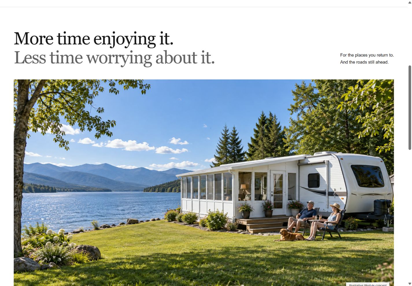 Precision RV Restoration website with a spacious headline and illustrative lakeside RV scene