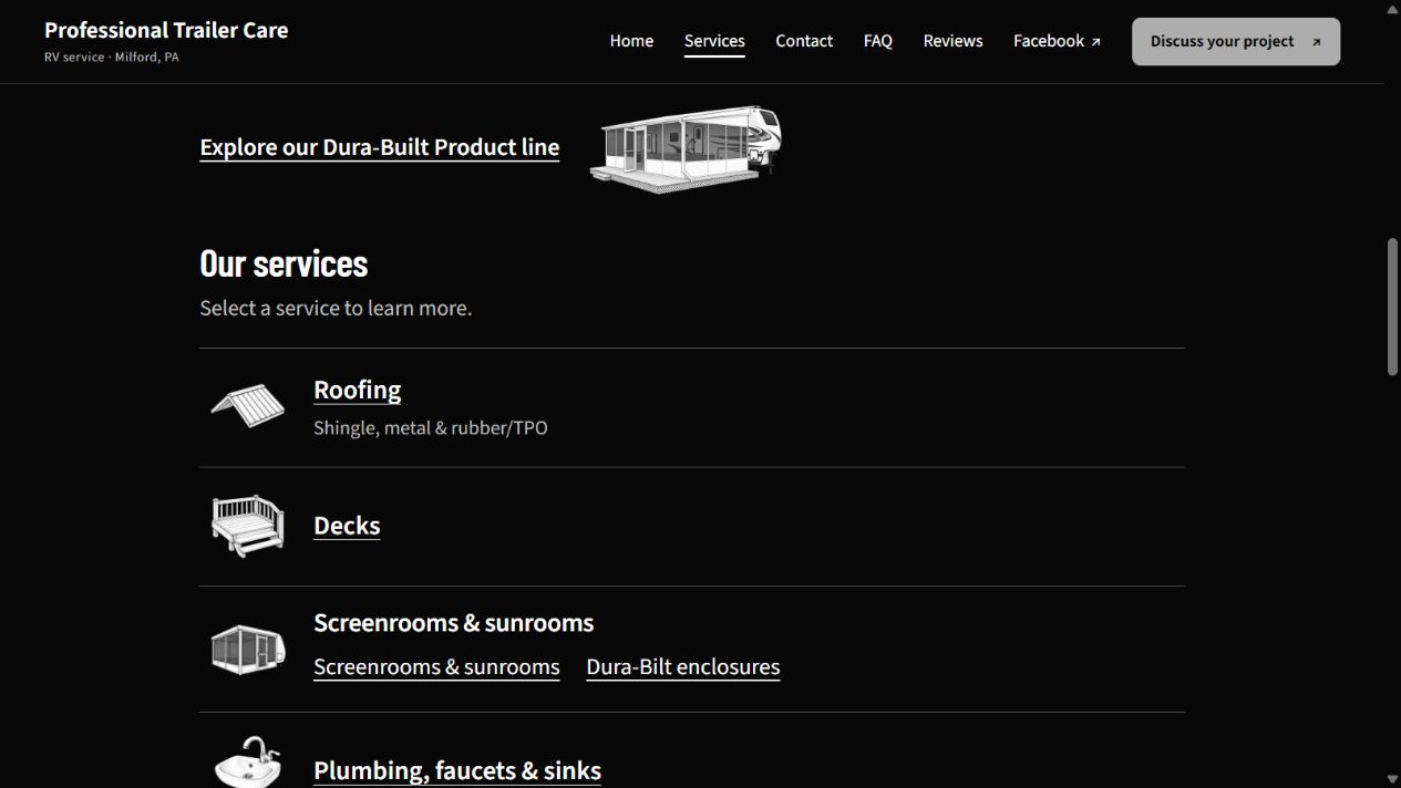 Professional Trailer Care website showing its illustrated RV service directory